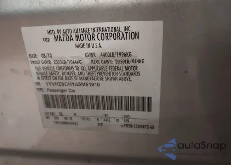 2010 Mazda Mazda6 I Touring z USA, uszkodzony, nr VIN 1YVHZ8CH1A5M51610